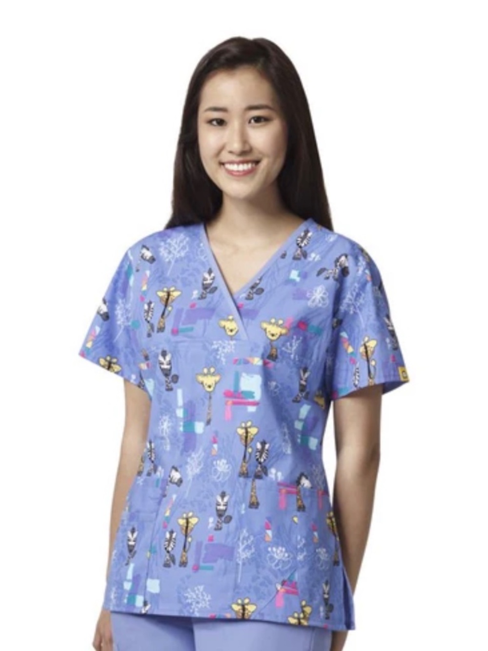 WonderWink 4 Pocket Zoo Giraffe Zebra Print Medical Scrub Top Small 100% Cotton